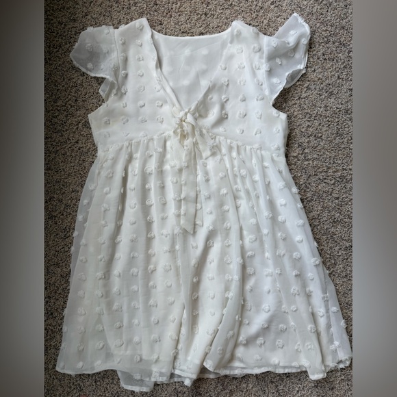 Women’s White Pom Tie Babydoll Peasant Dress Large - Picture 4 of 6